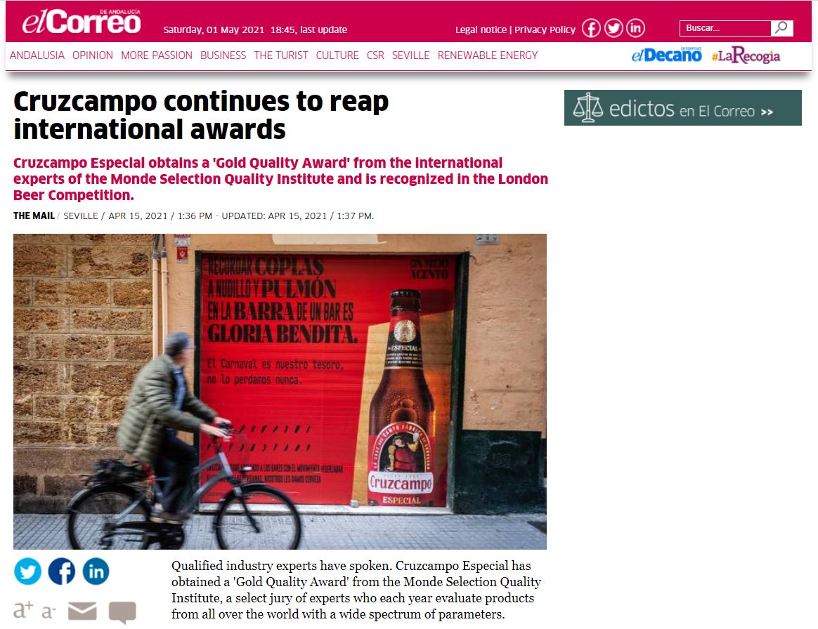 Cruzcampo Continues To Reap International Awards