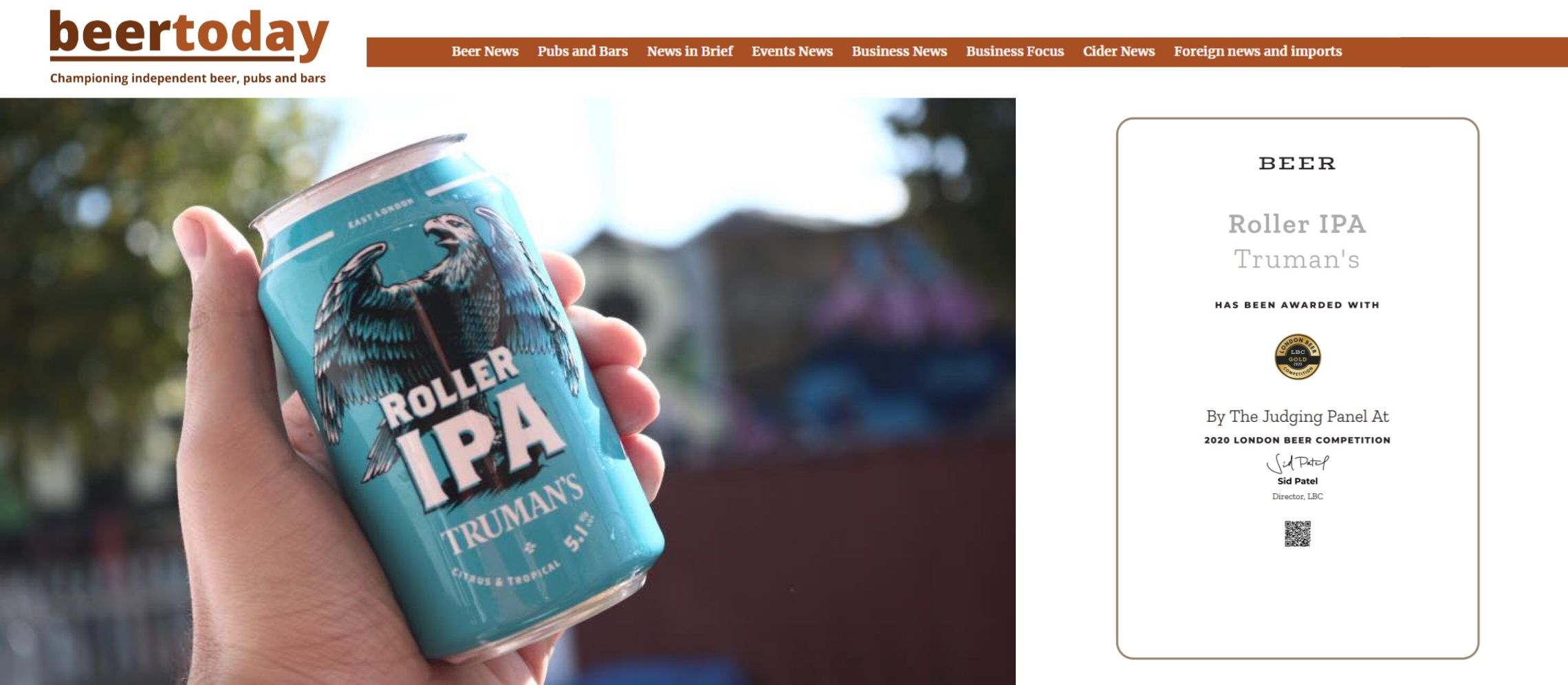 Photo for: Truman’s Roller IPA Wins London Beer Competition